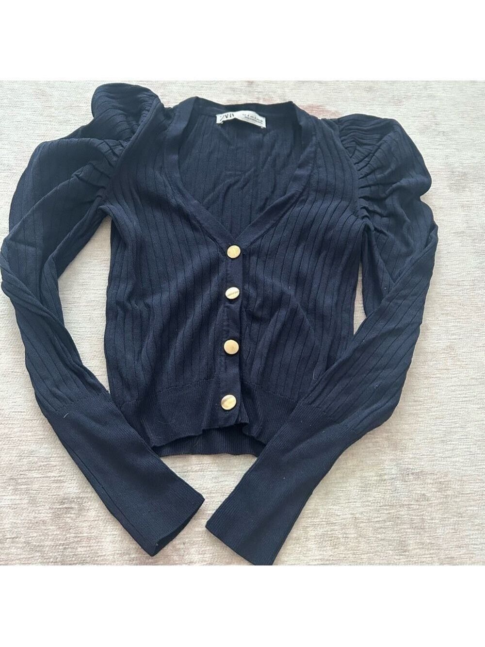 Zara Navy Ribbed Cardigan Puff Sleeve Small